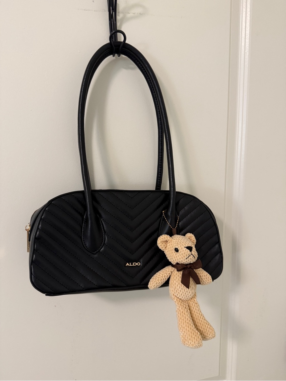 ALDO Black Quilted Shoulder Bag with Teddy Charm Accent NWOT